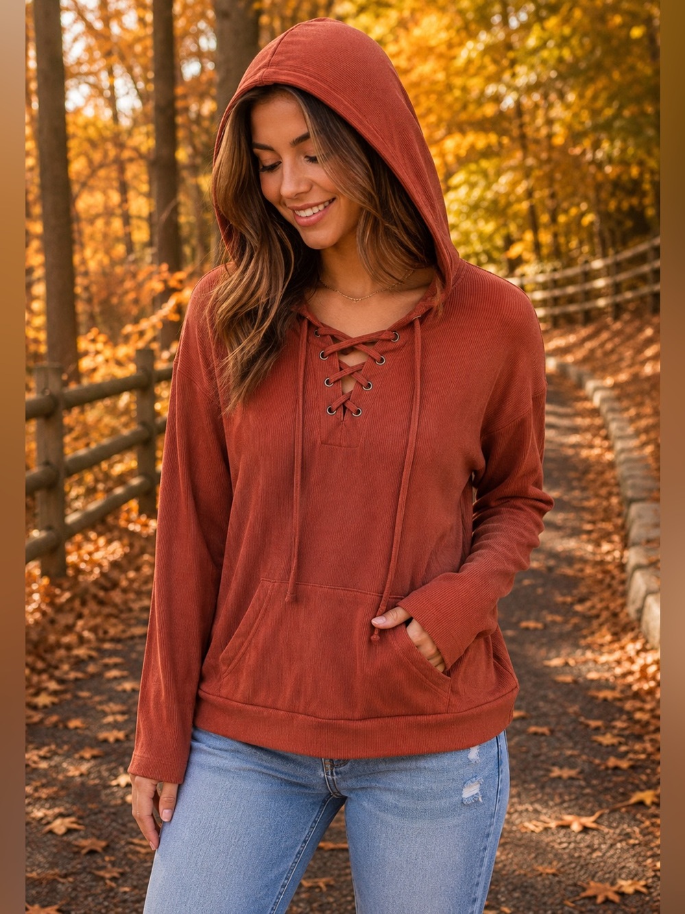 Women's Lace-Up Hooded Pullover Sweatshirt - Rust Orange (Size S)